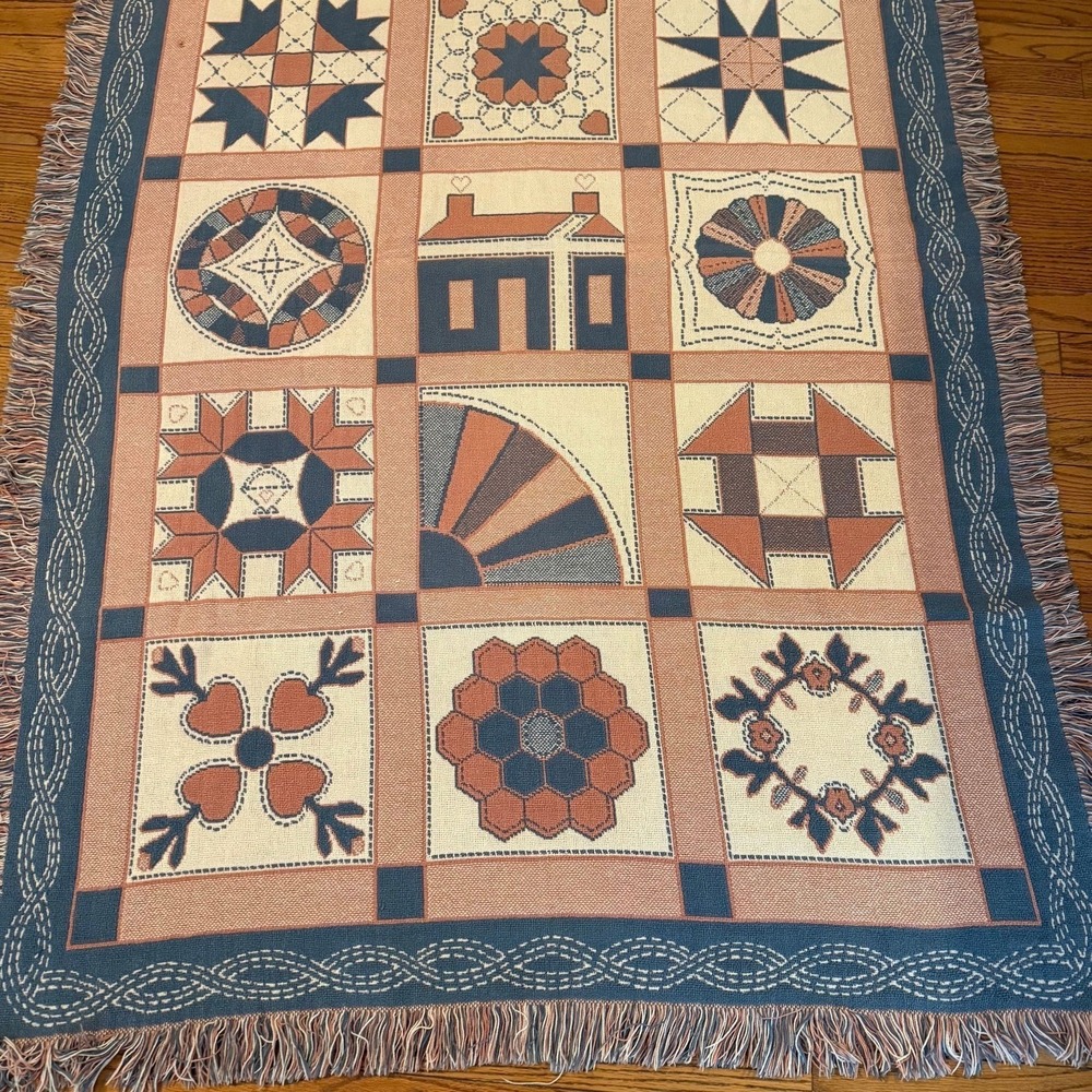 Vtg tapestry throw‎ blanket blue & pink Cottagecore Grannycore 48.5"x70.5"